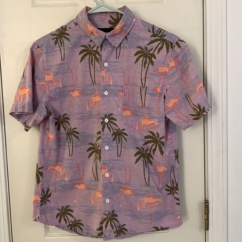 Men’s purple button-down shirt with flamingo print